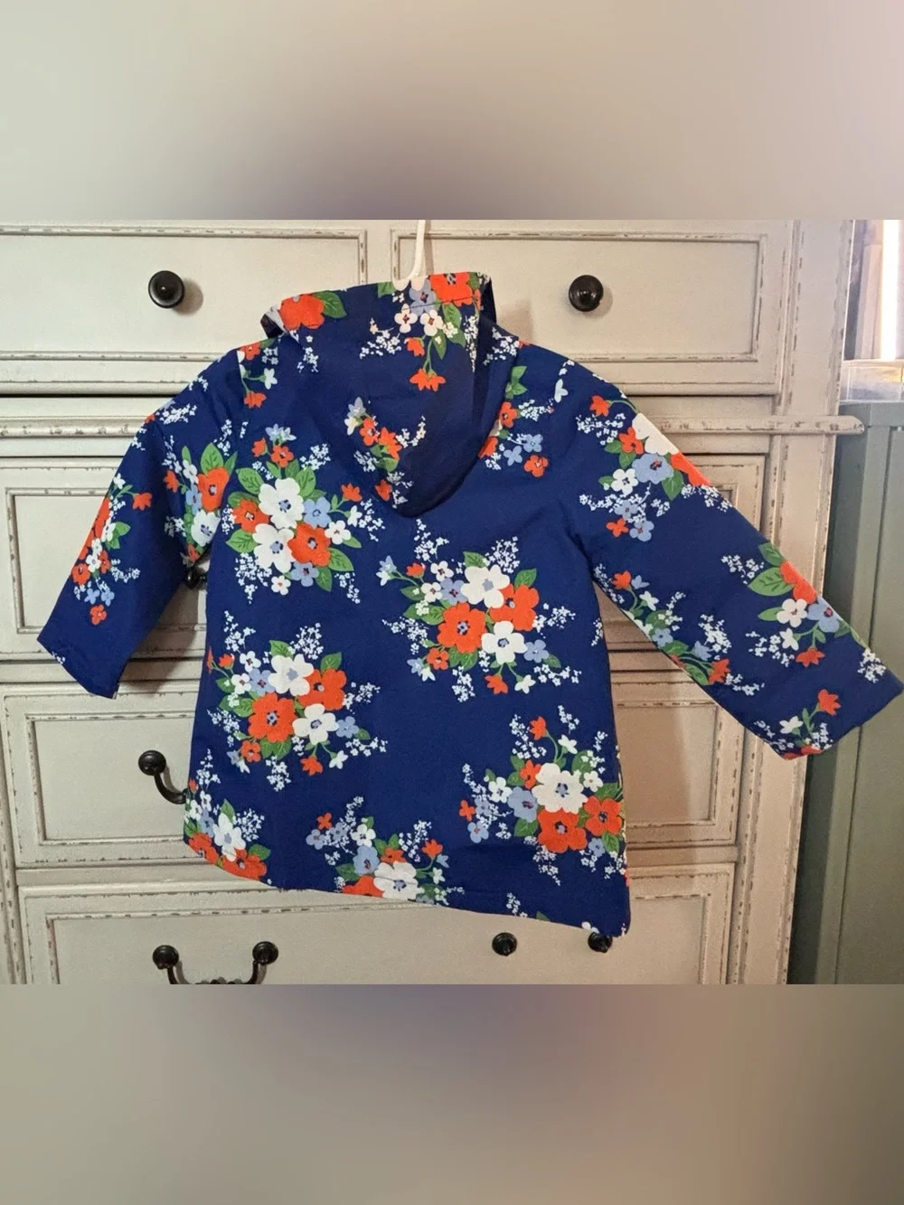 Gymboree Navy Floral Hooded Raincoat with Orange Lining